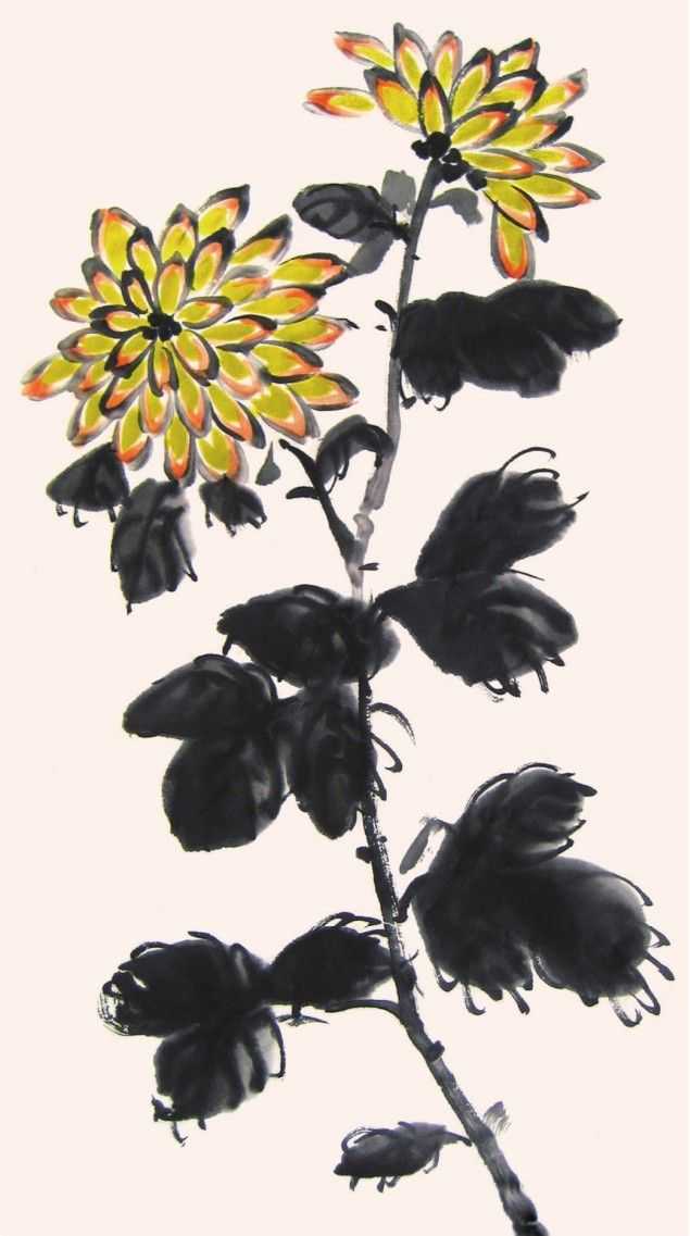 国画菊花的叶子画法步骤入门,梅兰竹菊国画菊花初学者怎么用笔