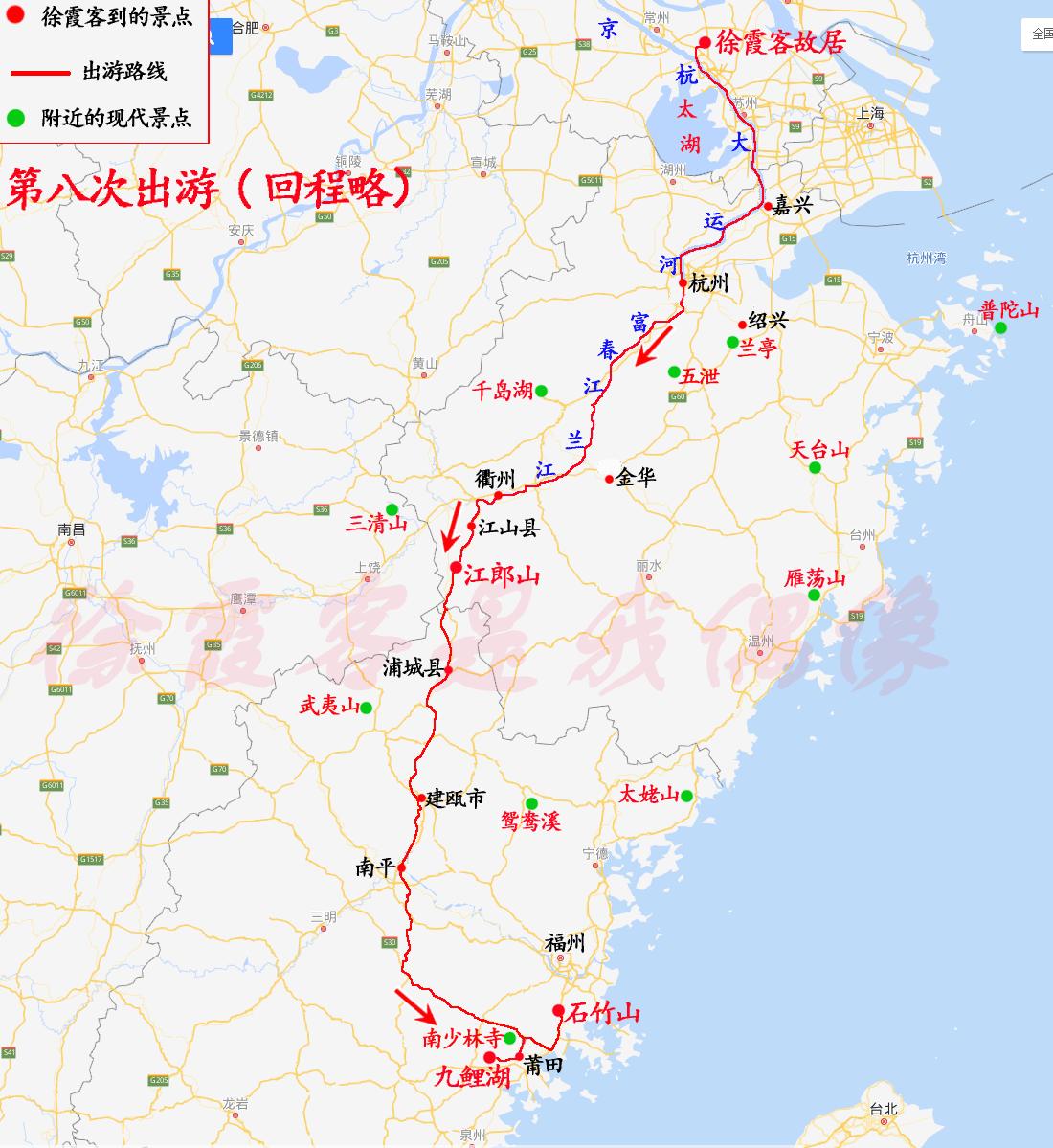 徐霞客旅行的路线,徐霞客的游历路线图