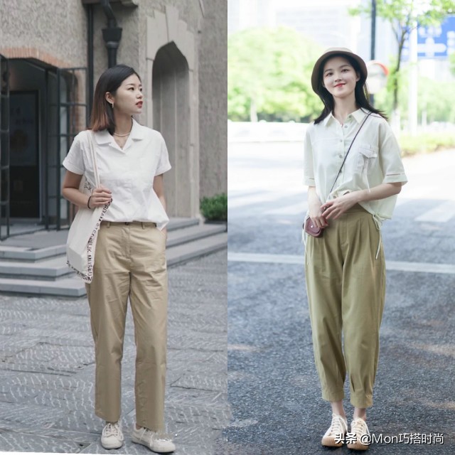 白衬衫卡其裤搭配女,穿搭女夏季搭配高级感九分牛仔裤