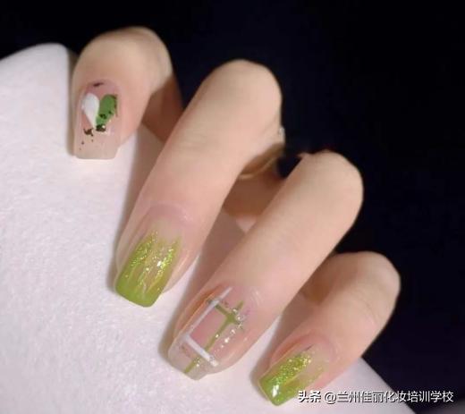 美甲款式图片绿色牛油果,好看美甲教程视频绿色系