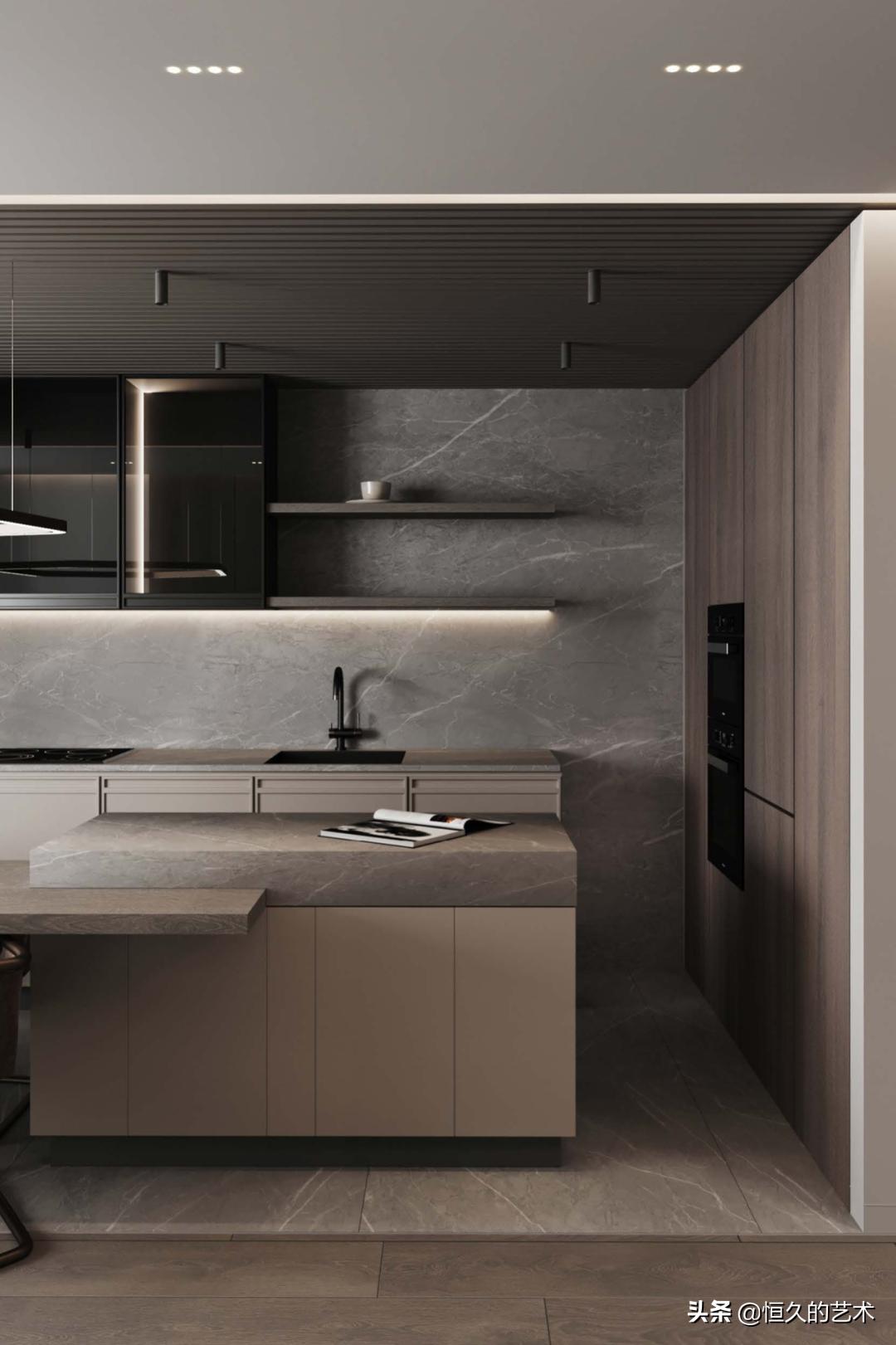 客厅石材木饰面效果,石材和实木搭配装修效果图