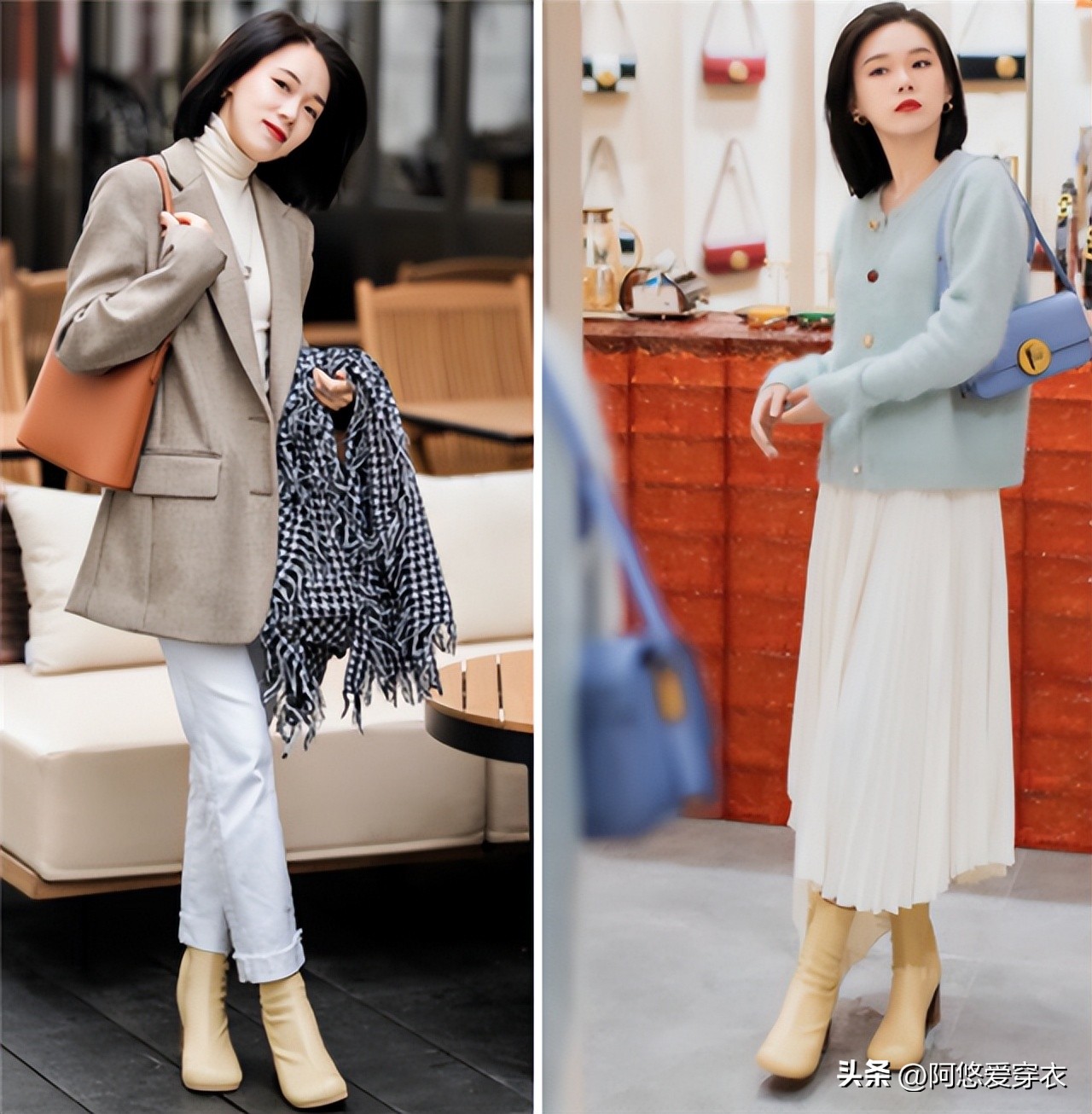 米色长筒靴秋冬穿搭,米白色马丁靴秋季穿搭