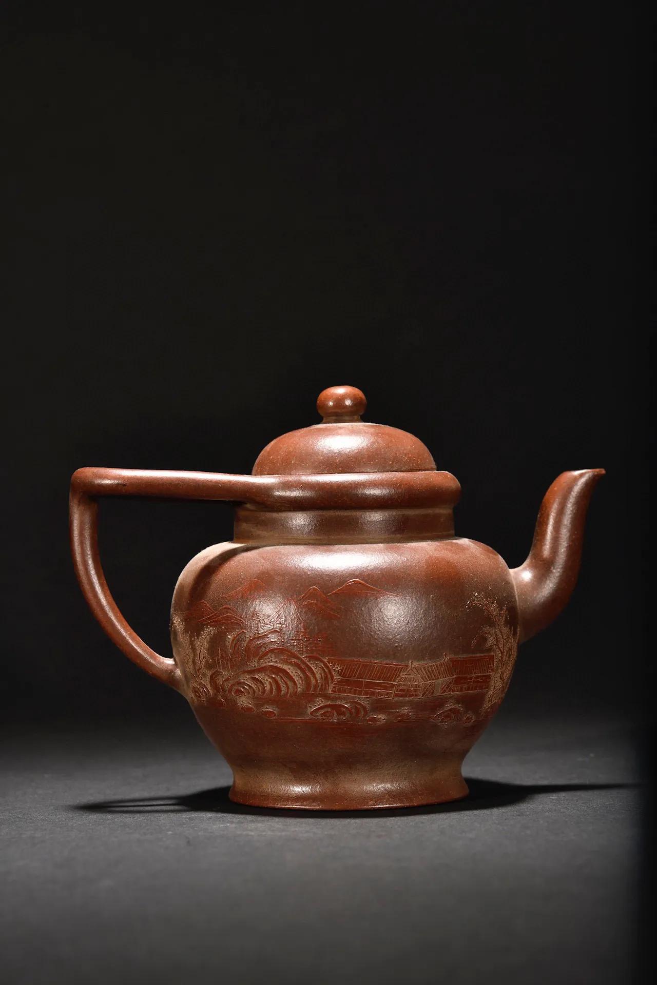 旧藏紫砂山水意境茶壶,紫砂茶壶款式名称加图片