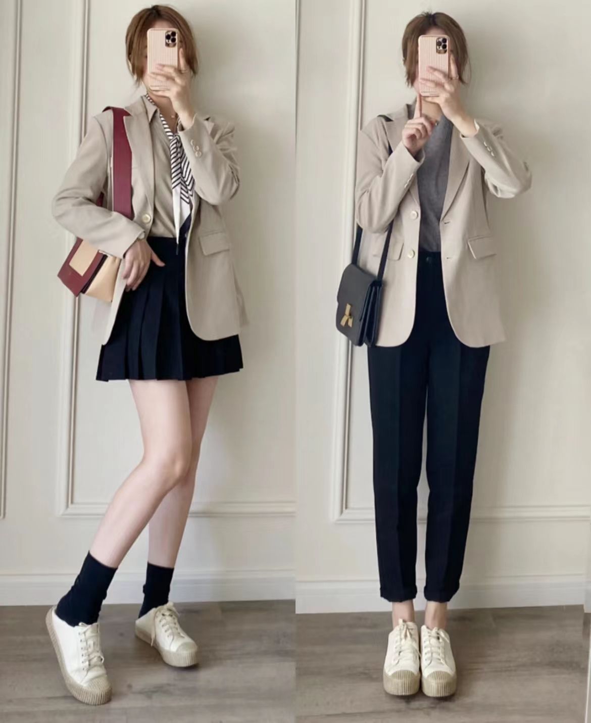 职场浅咖色小西装外套怎么搭鞋子,杏色中长款小西装如何穿搭