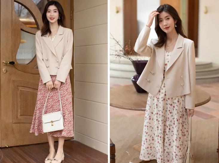 碎花裙加西装外套穿搭,西装内搭碎花连衣裙春秋穿搭