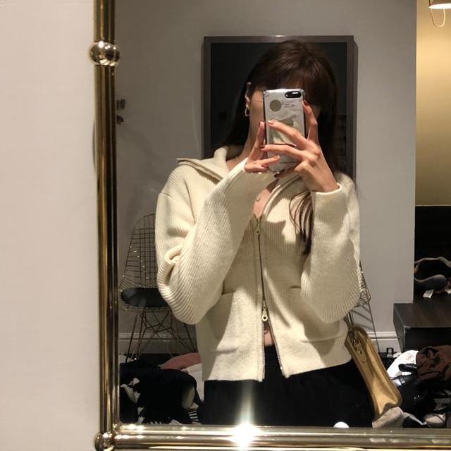 橘色针织开衫毛衣怎么搭配最洋气,2019秋冬女毛衣撞色复古针织开衫