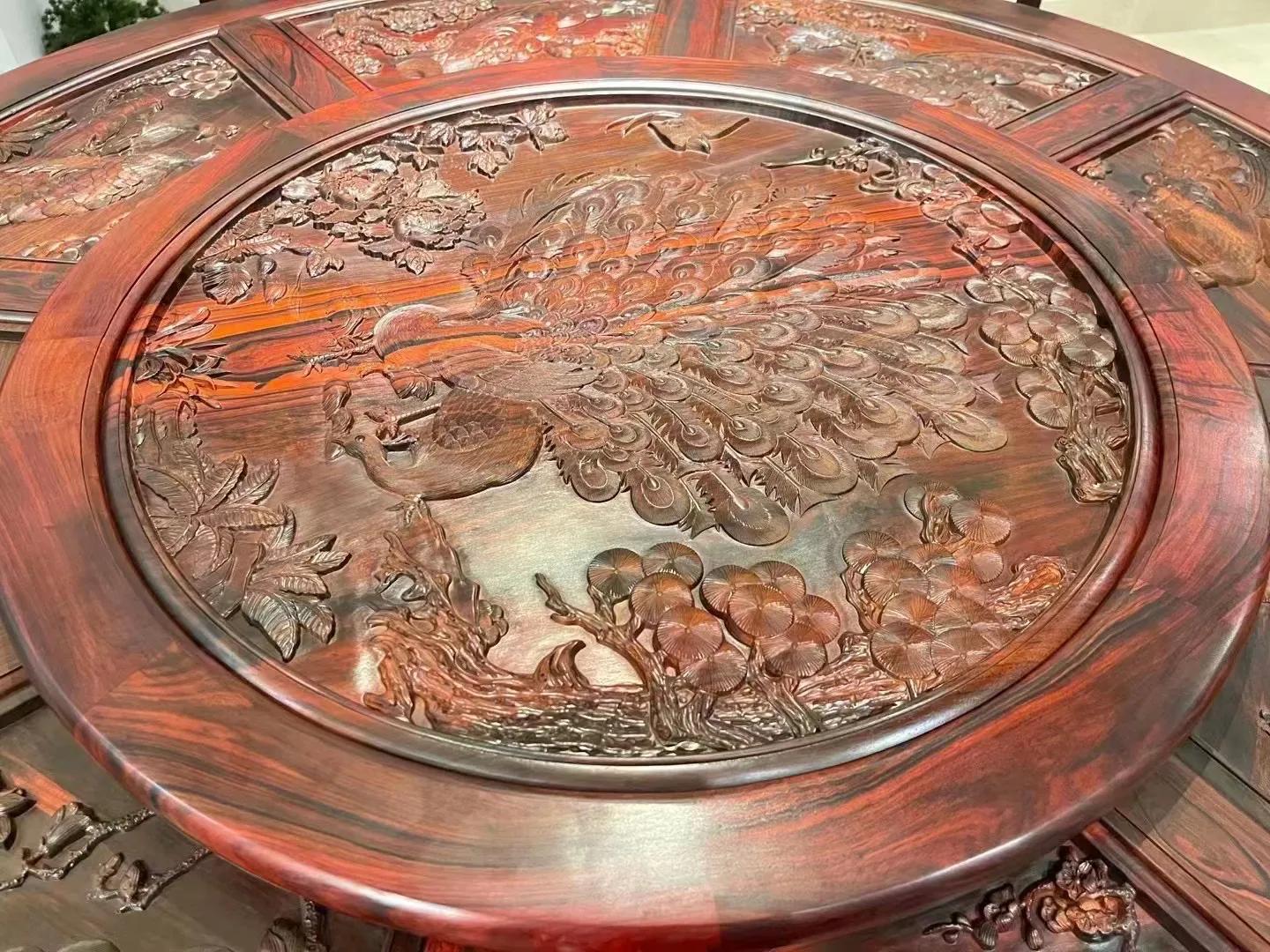 大红酸枝满雕餐桌,大红酸枝开屏餐桌