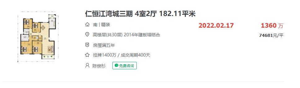 7.3万/平法拍房落锤，仁恒江湾城还是稳呐