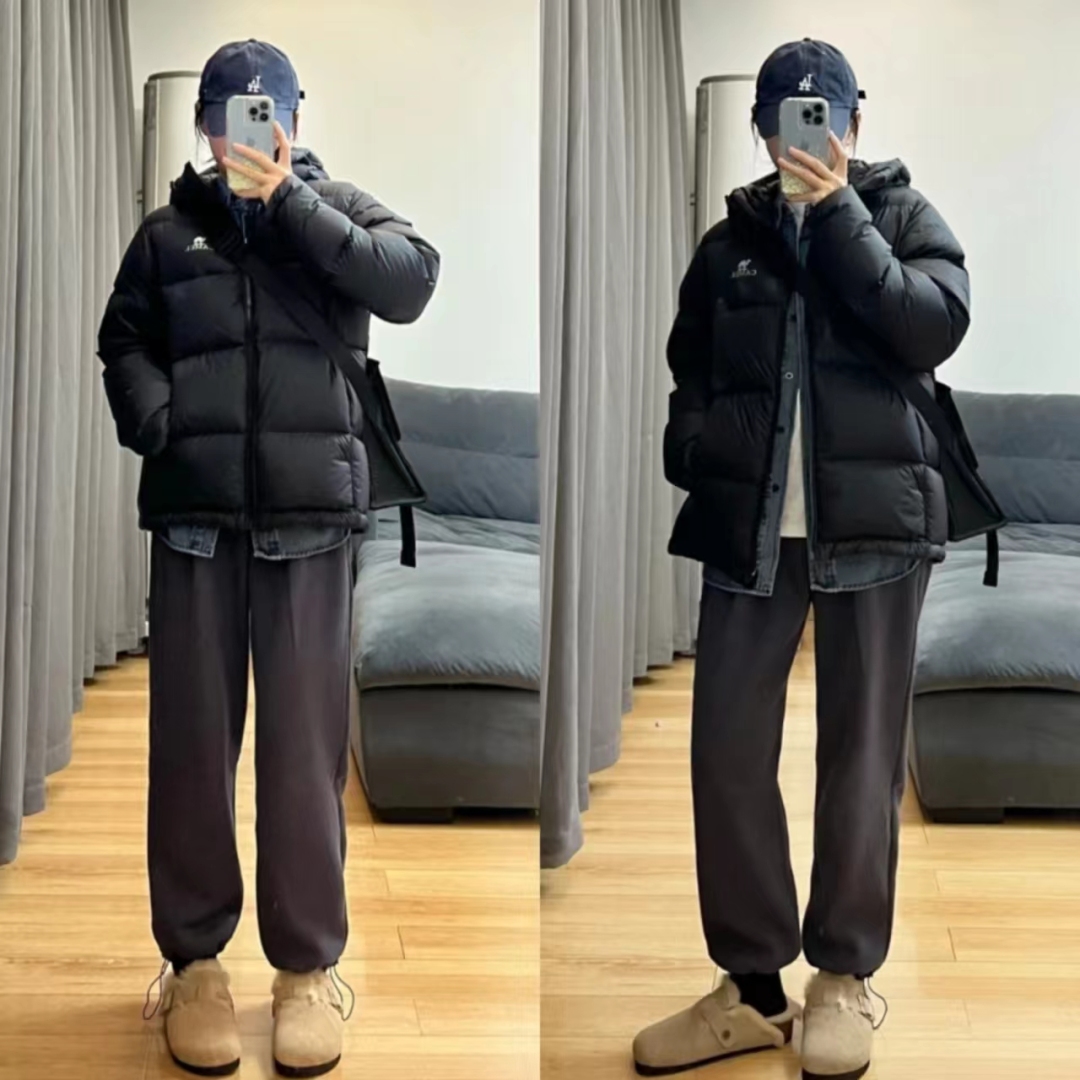 19冬羽绒服穿搭,韩款黑色羽绒服搭棕色长靴