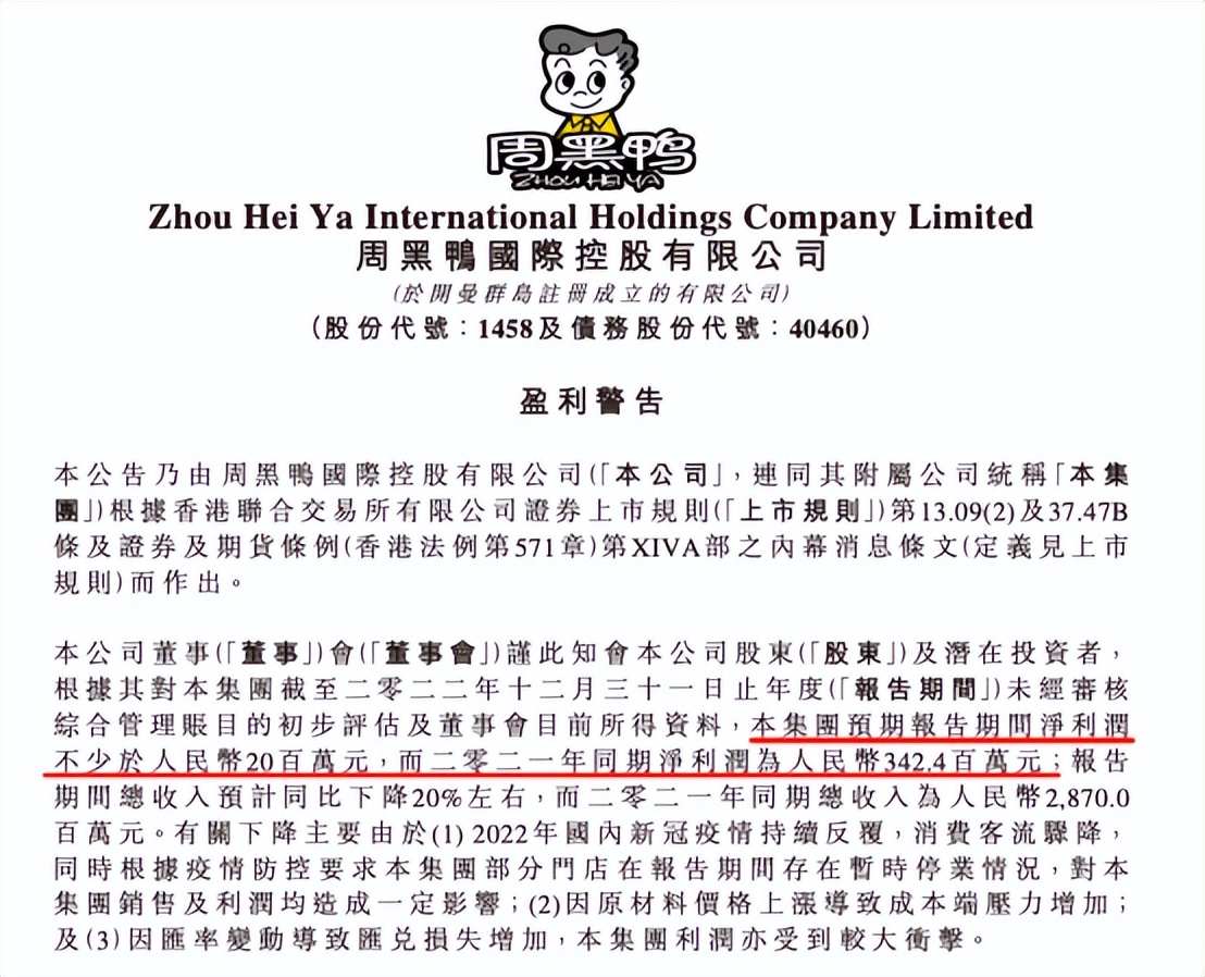 周黑鸭绝味净利润下降的原因,周黑鸭去年利润跌幅超九成