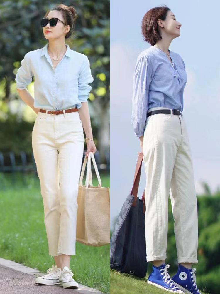 春天直筒牛仔裤怎么搭配好看,一条白色牛仔裤多种搭配