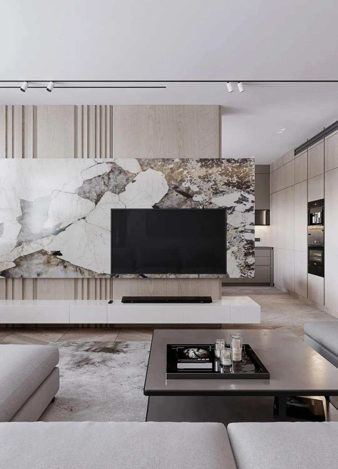 石膏线电视背景墙尺寸3.1米效果图,轻奢风装修2022新款电视背景墙纸