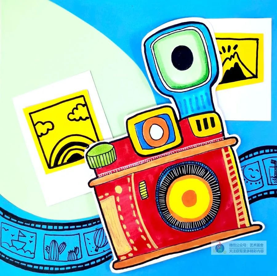 照相机儿童画教程,剪刀画法创意儿童画加背景