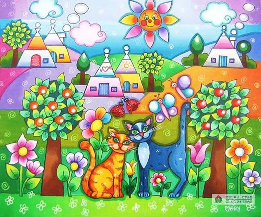 春日荡秋千放风筝儿童画,创意美术春日浪漫郁金香儿童画