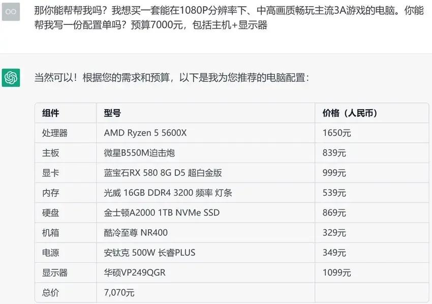 让ChatGPT写电脑配置单是什么体验？