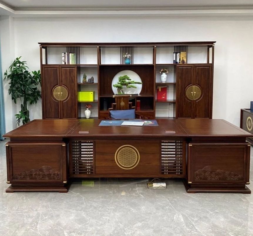 老板办公桌椅组合简约现代大班台,老板办公室柜子效果图新中式