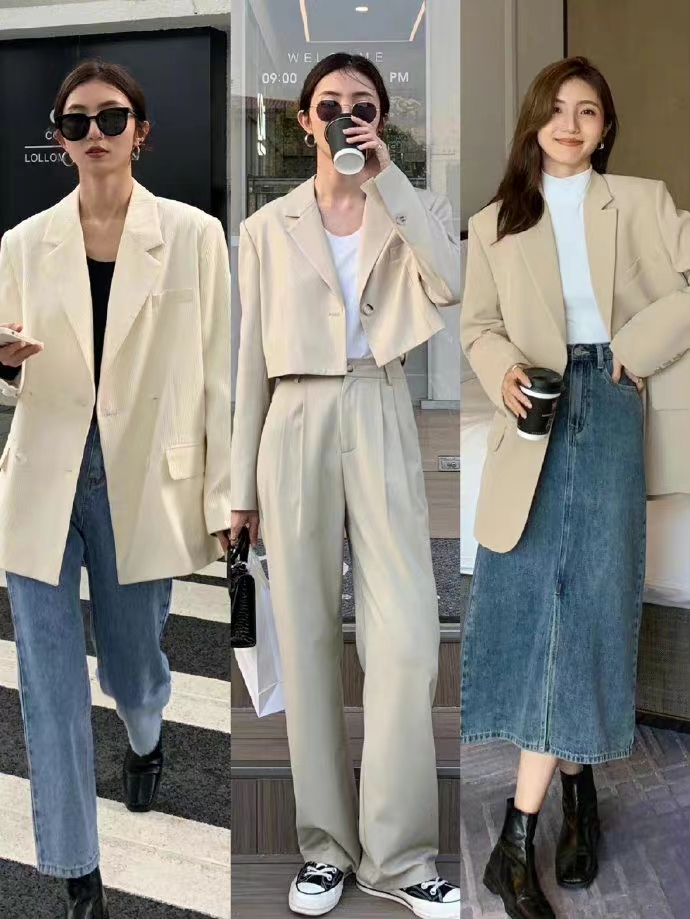 冬季休闲杏色西装外套穿搭小个子,慵懒风竖条纹西装外套怎么搭配