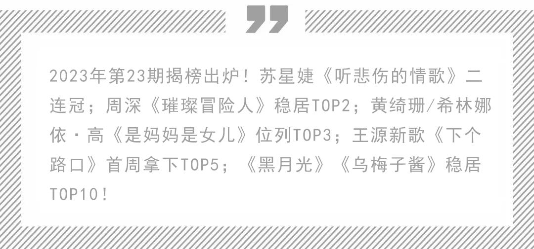 苏星婕《听悲伤的情歌》二连冠！王源新歌《下个路口》闯入前五
