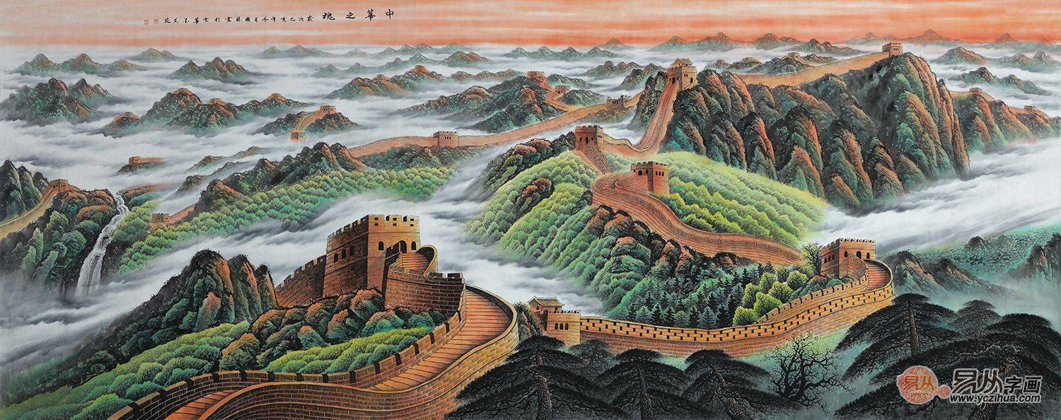客厅鸿运当头山水画手绘,壁画客厅现代简约山水画高清图片