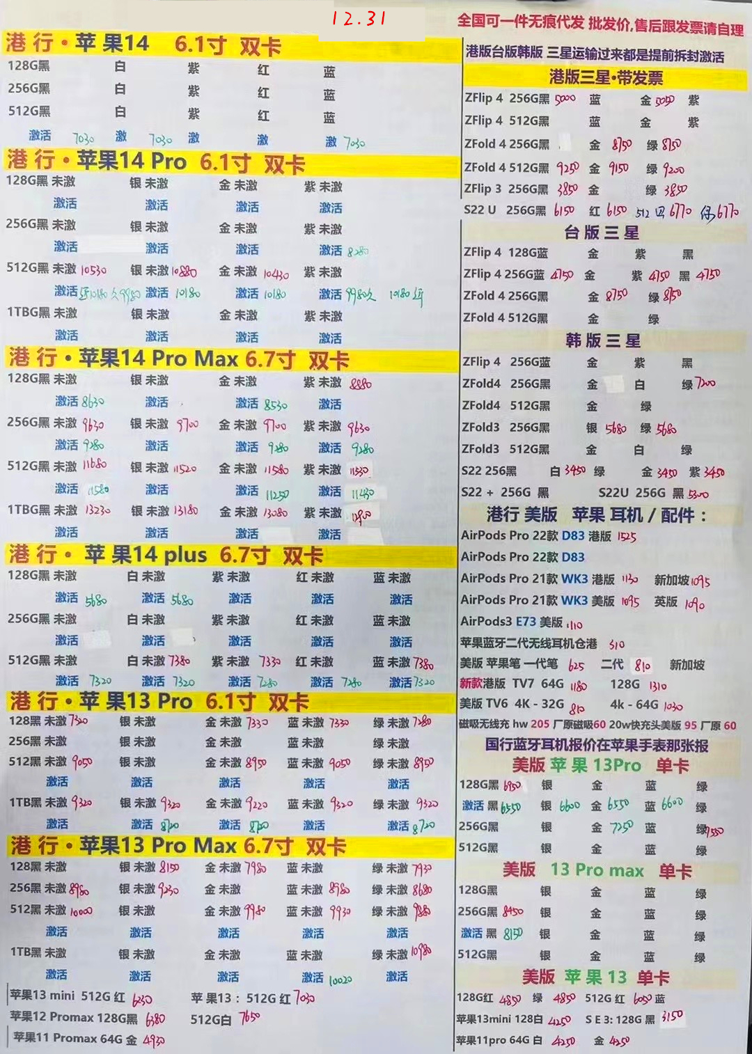华强北2022年3月报价单,2021年10月27日华强北手机报价