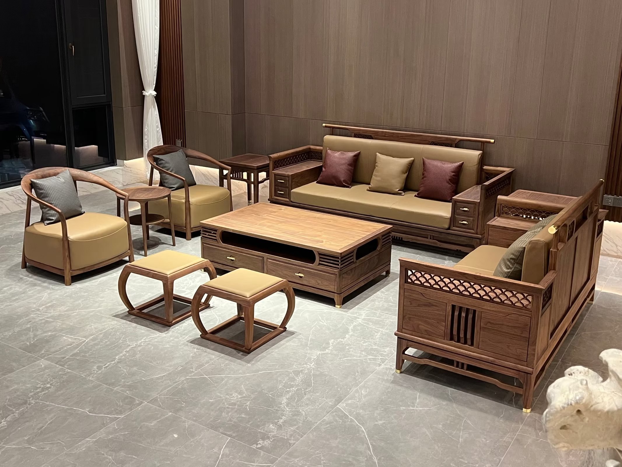 新中式黑胡桃木沙发改造翻新,迪美尔胡桃木新中式组合实木沙发