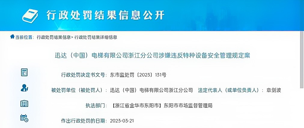 迅达电梯黑带维保制度,迅达电梯上海分公司被罚