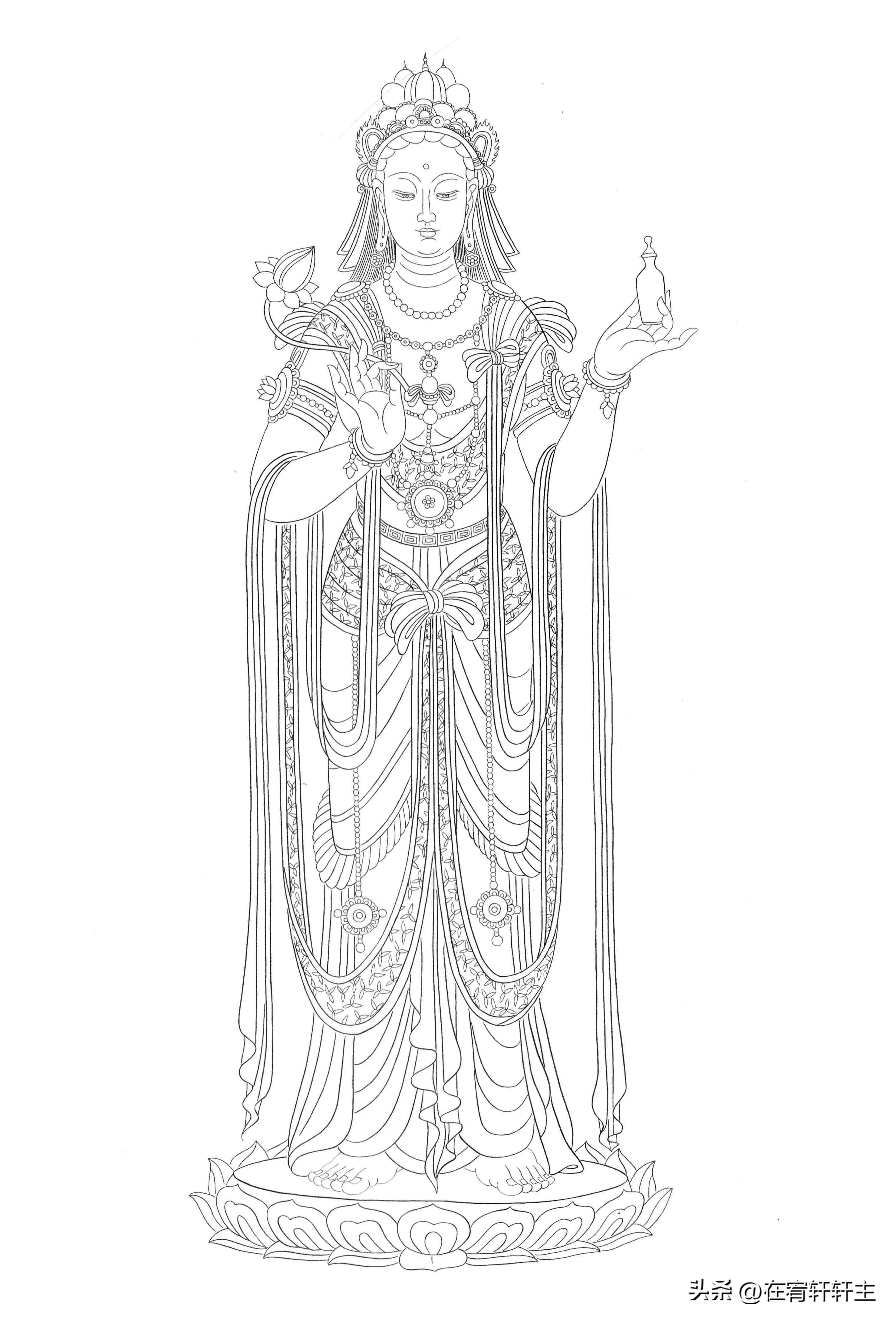 工笔白描观音苏柏斗,工笔画国画白描观音