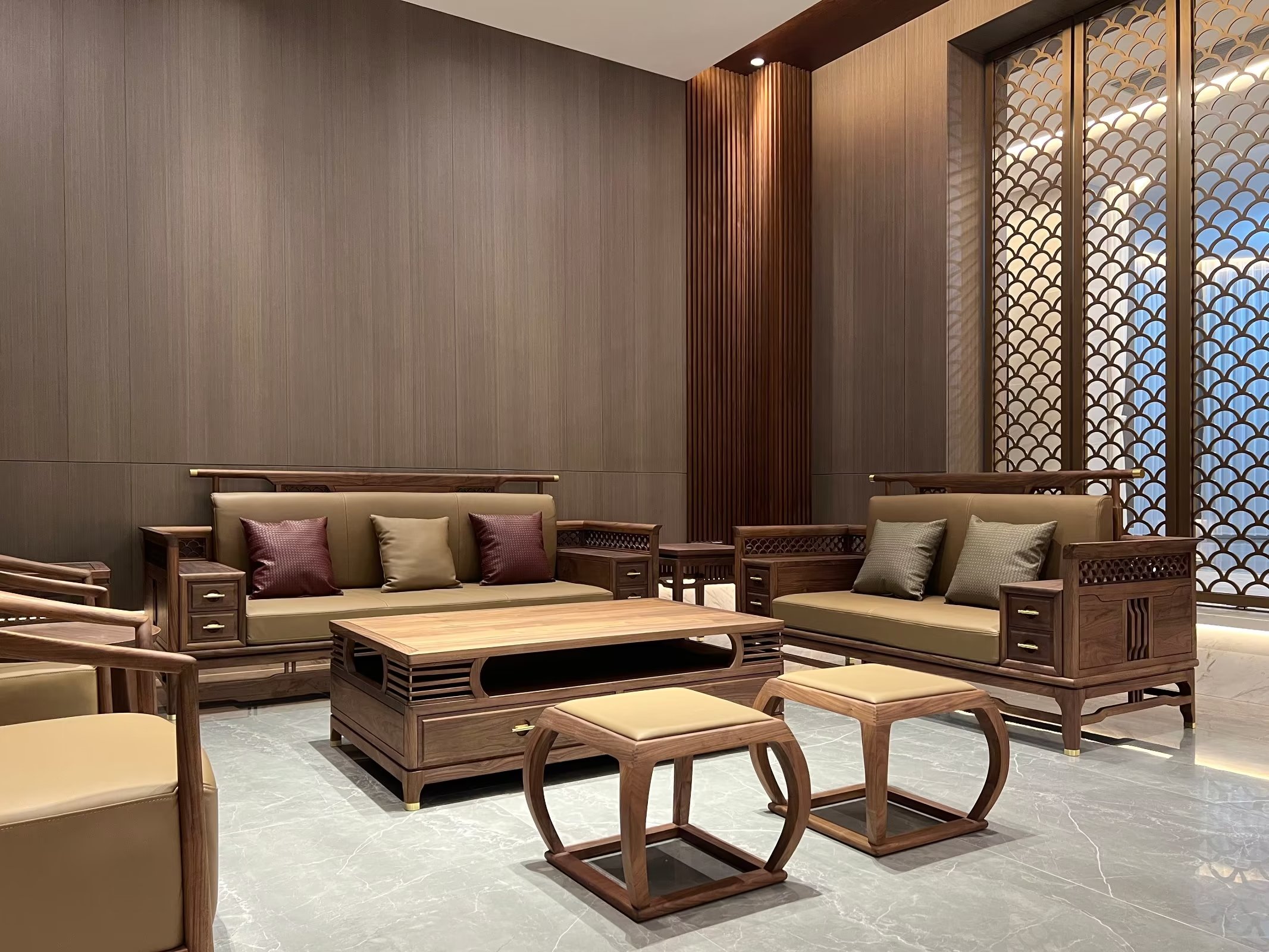 新中式胡桃木沙发带抽屉,新中式实木沙发北美黑胡桃木