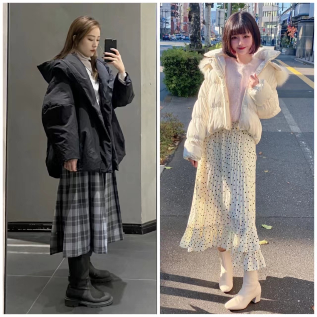 短款白色羽绒服的最佳搭配半身裙,羽绒服搭配哪些裙子才时髦