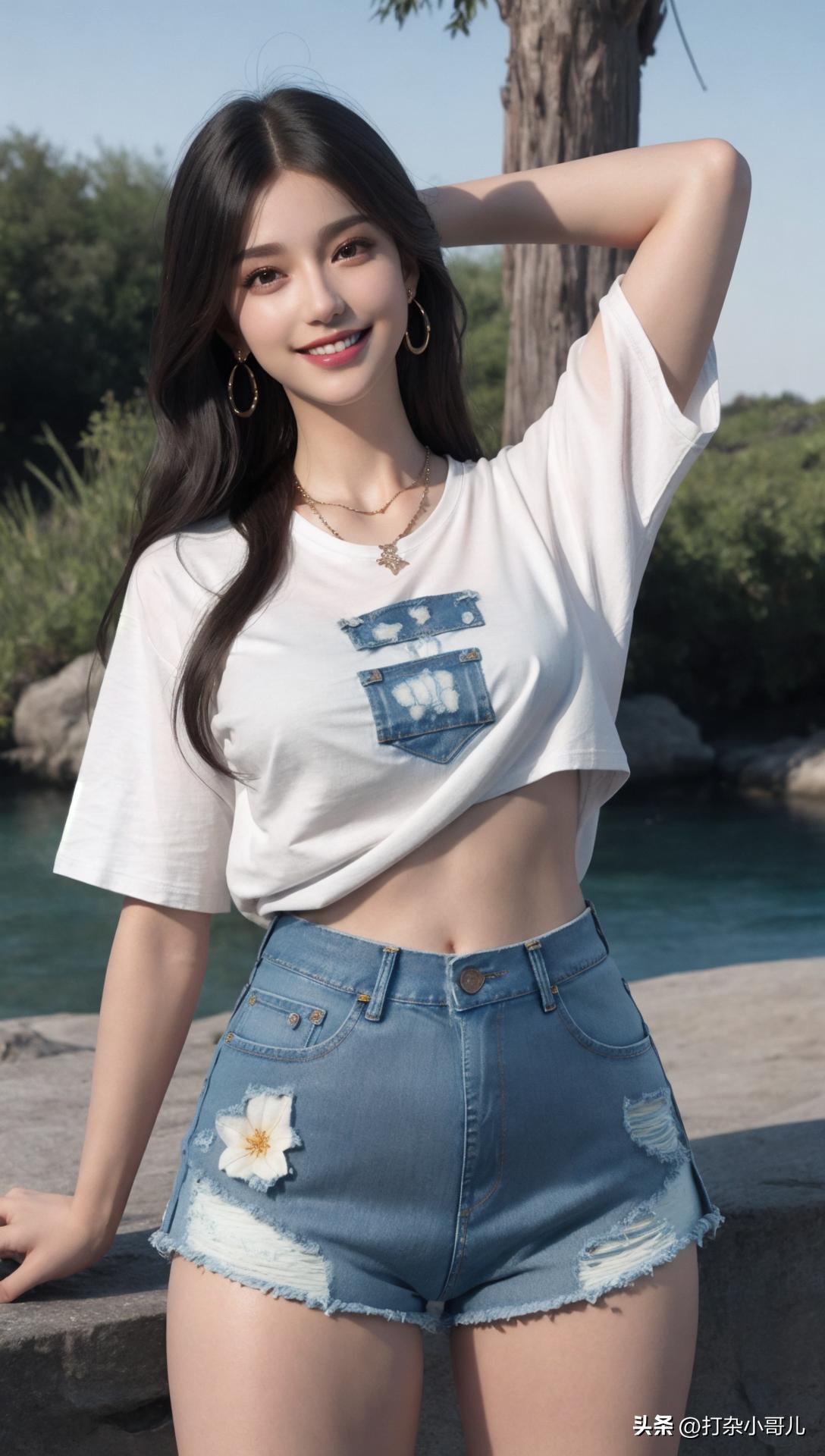 夏日穿搭黑短袖黑短裤,女款t恤穿搭女士牛仔短裤方法