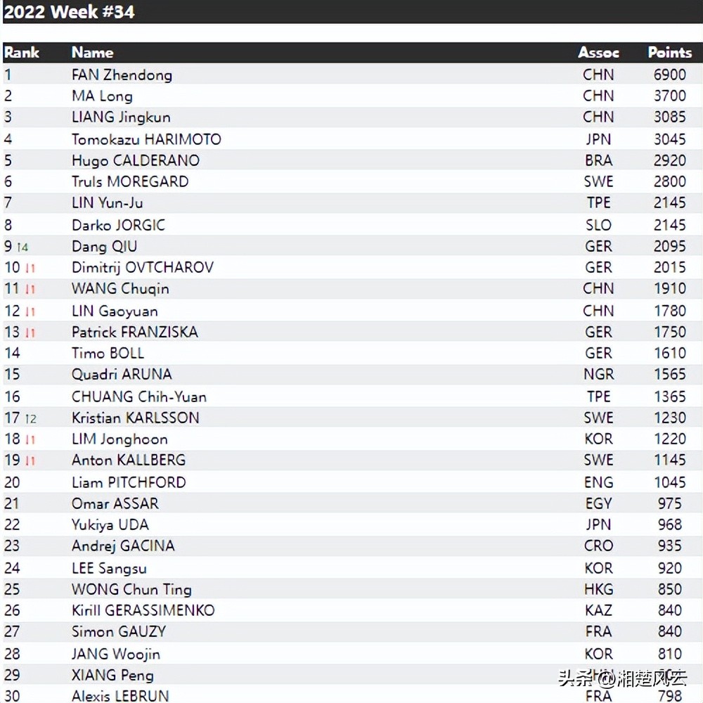 乒乓世界排名更新，小胖莎莎占据单打榜首，欧锦赛单打冠军进前十