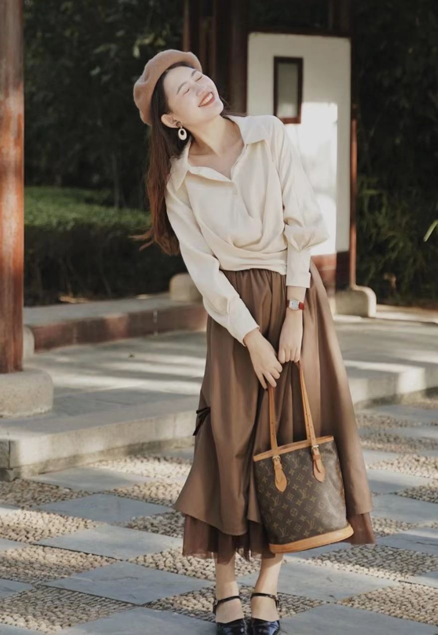 格子衬衣穿搭牛仔半裙女秋冬,衬衫半裙高级气质又有女人味