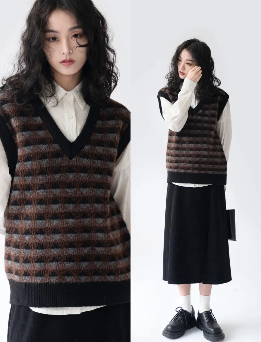 针织马甲棉麻衬衫,针织马甲衬衫下面怎么搭