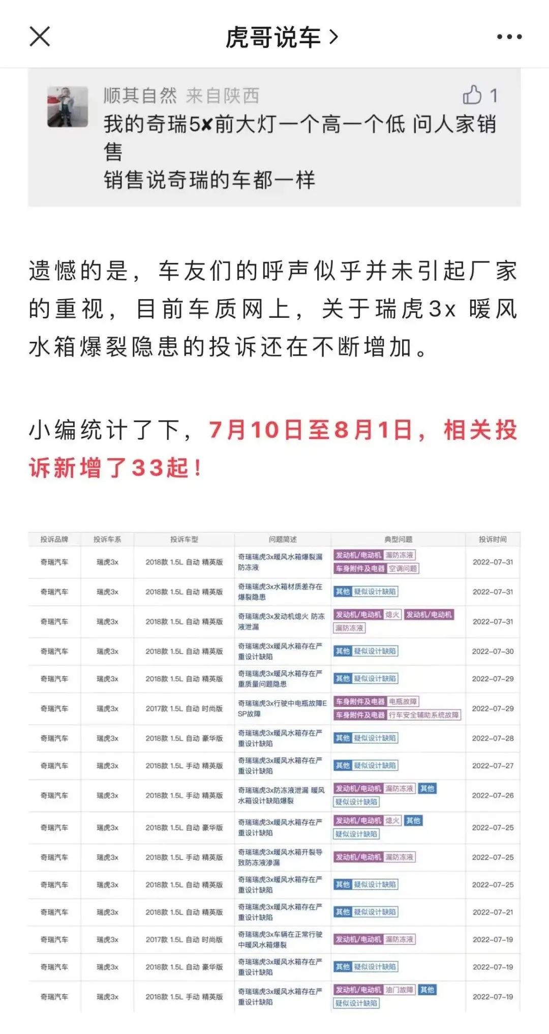 部分奇瑞瑞虎3x将被召回,奇瑞瑞虎3x召回需要注意点什么