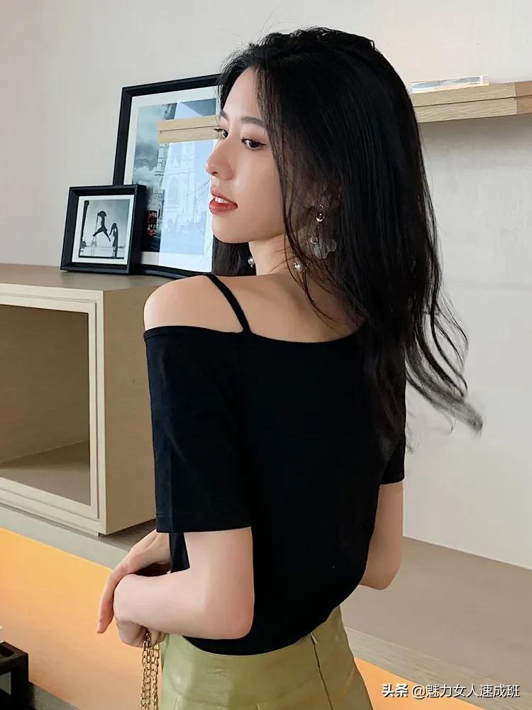 一字肩t恤上衣高级感春款,露肩上衣新款一字肩短袖
