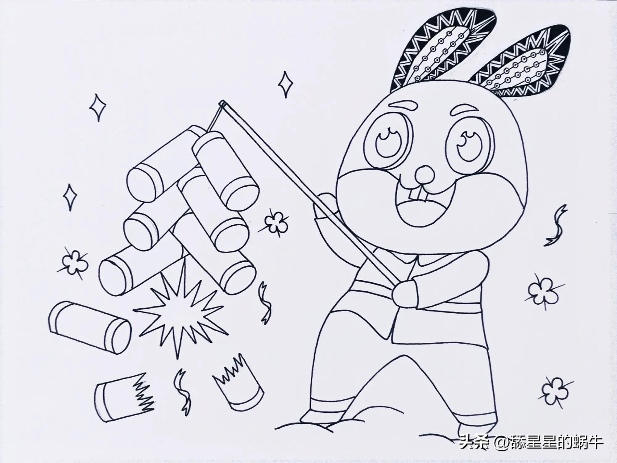 黑白线描画兔年大吉图文版,兔年主题画线稿怎么画