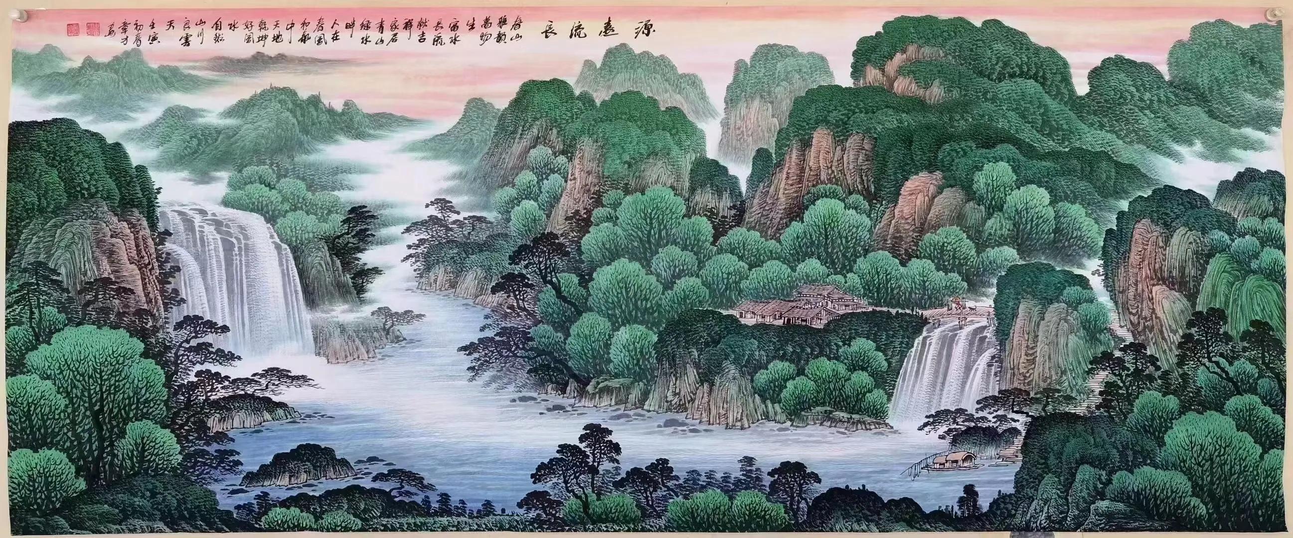 周章才聚宝盆山水画,三幅沙发背景聚宝盆山水画