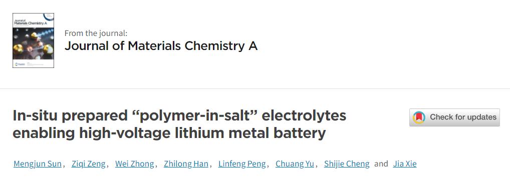 JMCA：原位制备“盐包聚合物”型电解质用于高电压锂金属电池