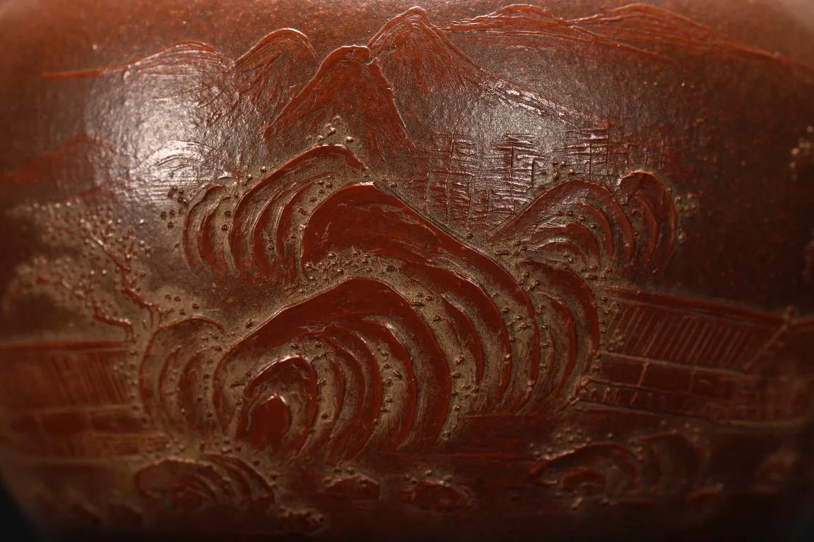 旧藏紫砂山水意境茶壶,紫砂茶壶款式名称加图片