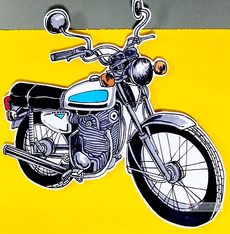 儿童画摩托车简单画法,摩托车线描画