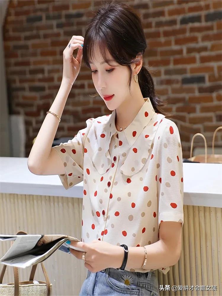 波点短袖衬衫飘带女款2022款时尚,雪纺衬衫女春季新款韩版宽松显瘦