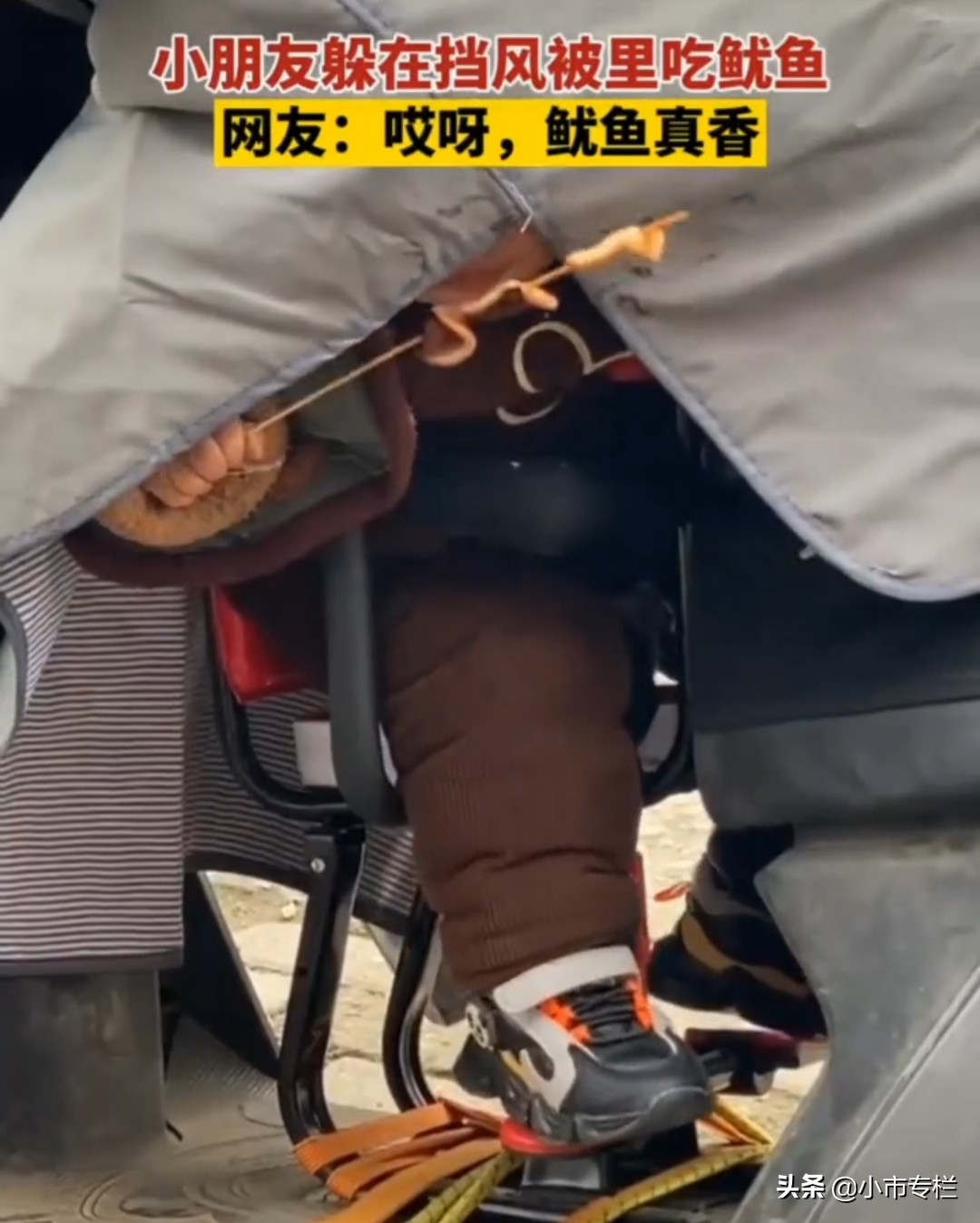 小朋友躲在挡风被里吃鱿鱼,萌娃躲在房间桌子底下吃烤鸭