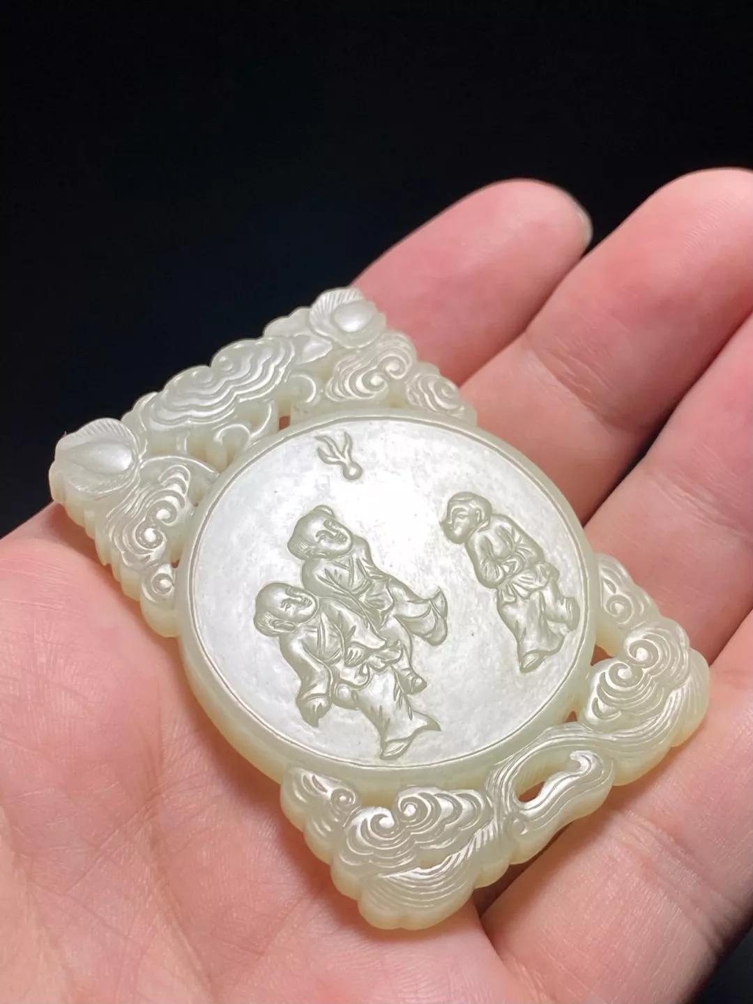 清中期和田羊脂白玉童子,清中期和田白玉双喜玉牌图片