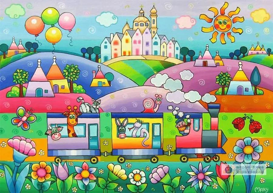 春日荡秋千放风筝儿童画,创意美术春日浪漫郁金香儿童画