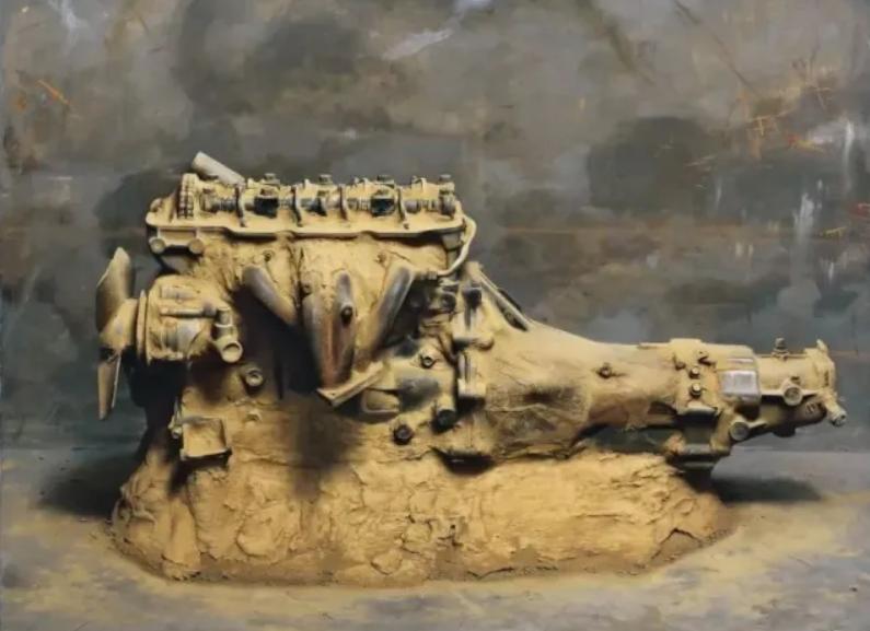 冷军画2个破旧发动机，横着放卖198万，竖着放卖了1897万，值吗？