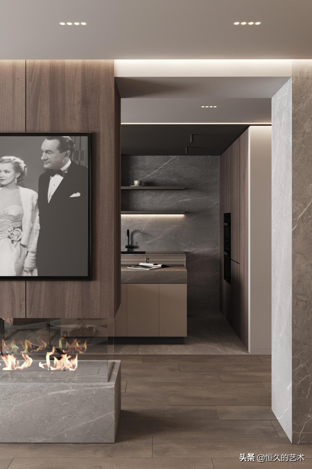 客厅石材木饰面效果,石材和实木搭配装修效果图