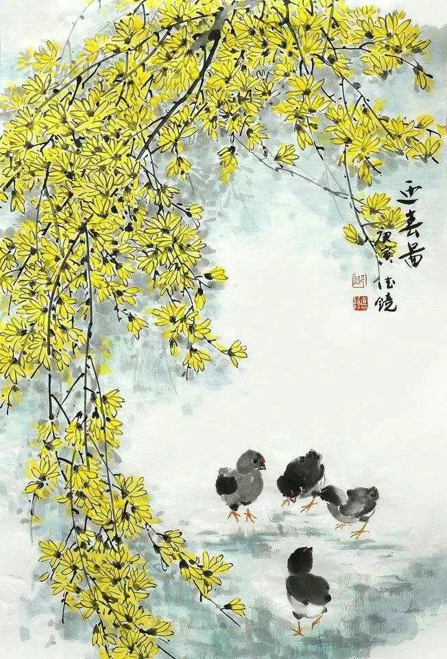 国画大师笔下的迎春花春意盎然,寒冷的冬季迎春花春意盎然