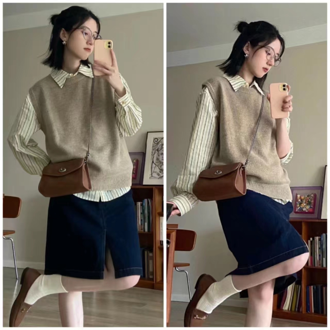 外穿洋气马甲搭格子衬衣,衬衫马甲叠穿什么外套