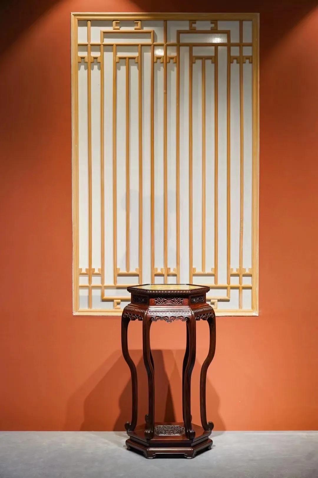 宫廷风｜镶珐琅六边几｜大红酸枝规格：46*46*90cm