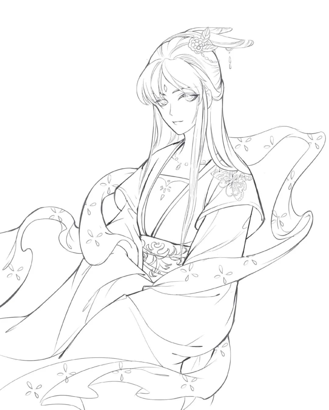 手绘山海经古风人物线稿,手绘动漫古风女生线稿简单